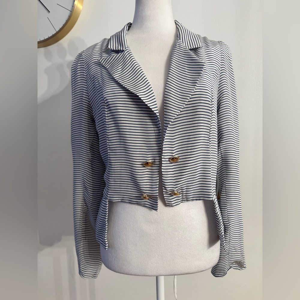 Nordstrom Hy & Dot Navy and White Striped Blazer with Gold Buttons silk large
